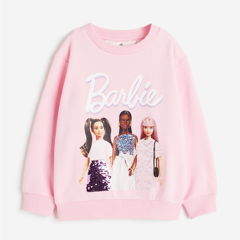 H&M Barbie Girls Pink Sequin Sweatshirt Size 5T- 6 Long‎ Sleeve Crewneck